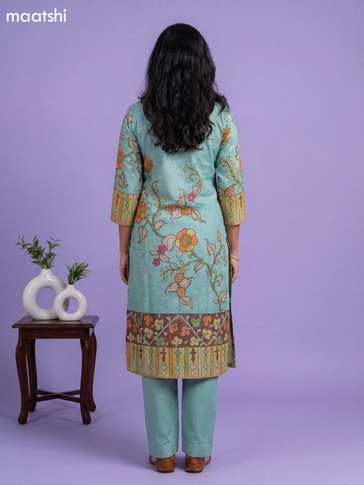 Teal Green Cotton Kalamkari Printed Straight Suit