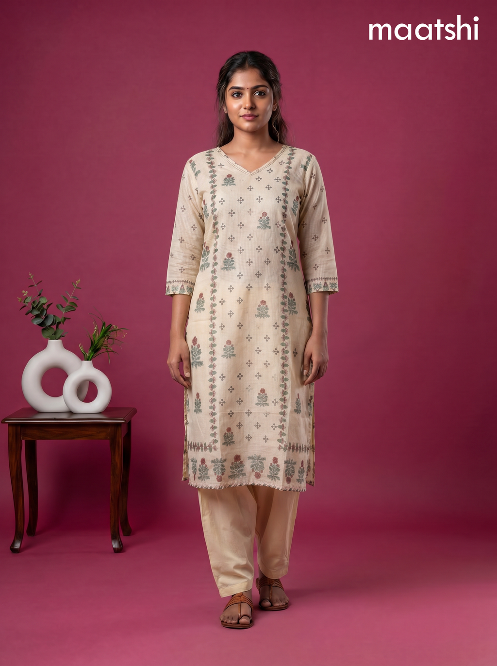Cream Kota Printed & Simple Embroidery Work Straight Suit