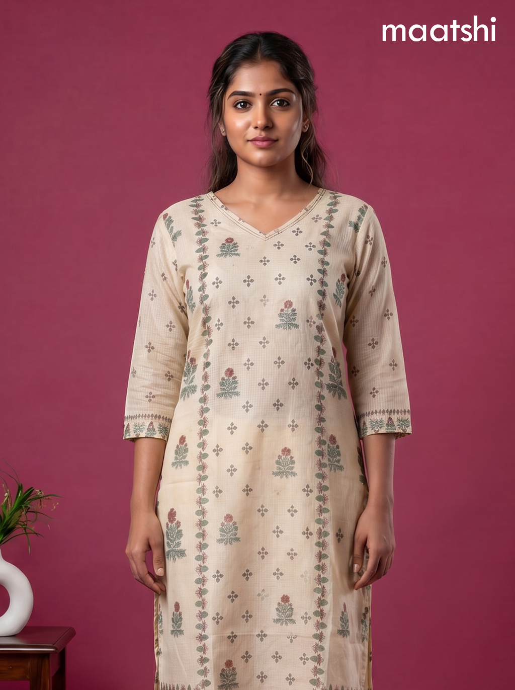 Cream Kota Printed & Simple Embroidery Work Straight Suit