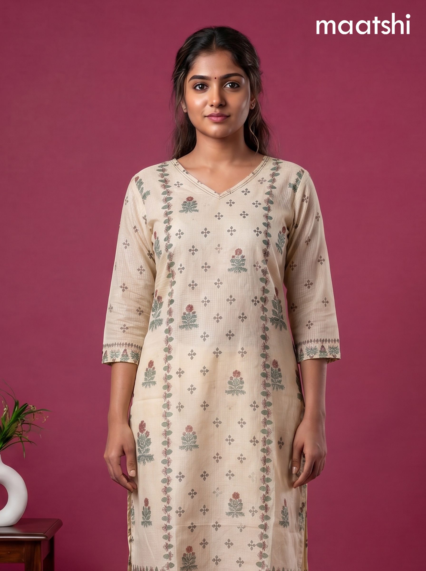 Cream Kota Printed & Simple Embroidery Work Straight Suit