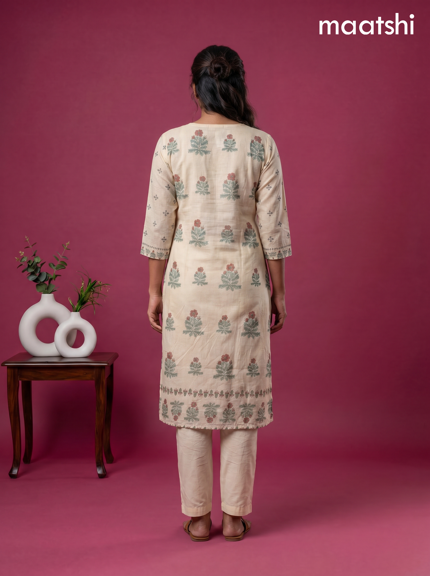 Cream Kota Printed & Simple Embroidery Work Straight Suit