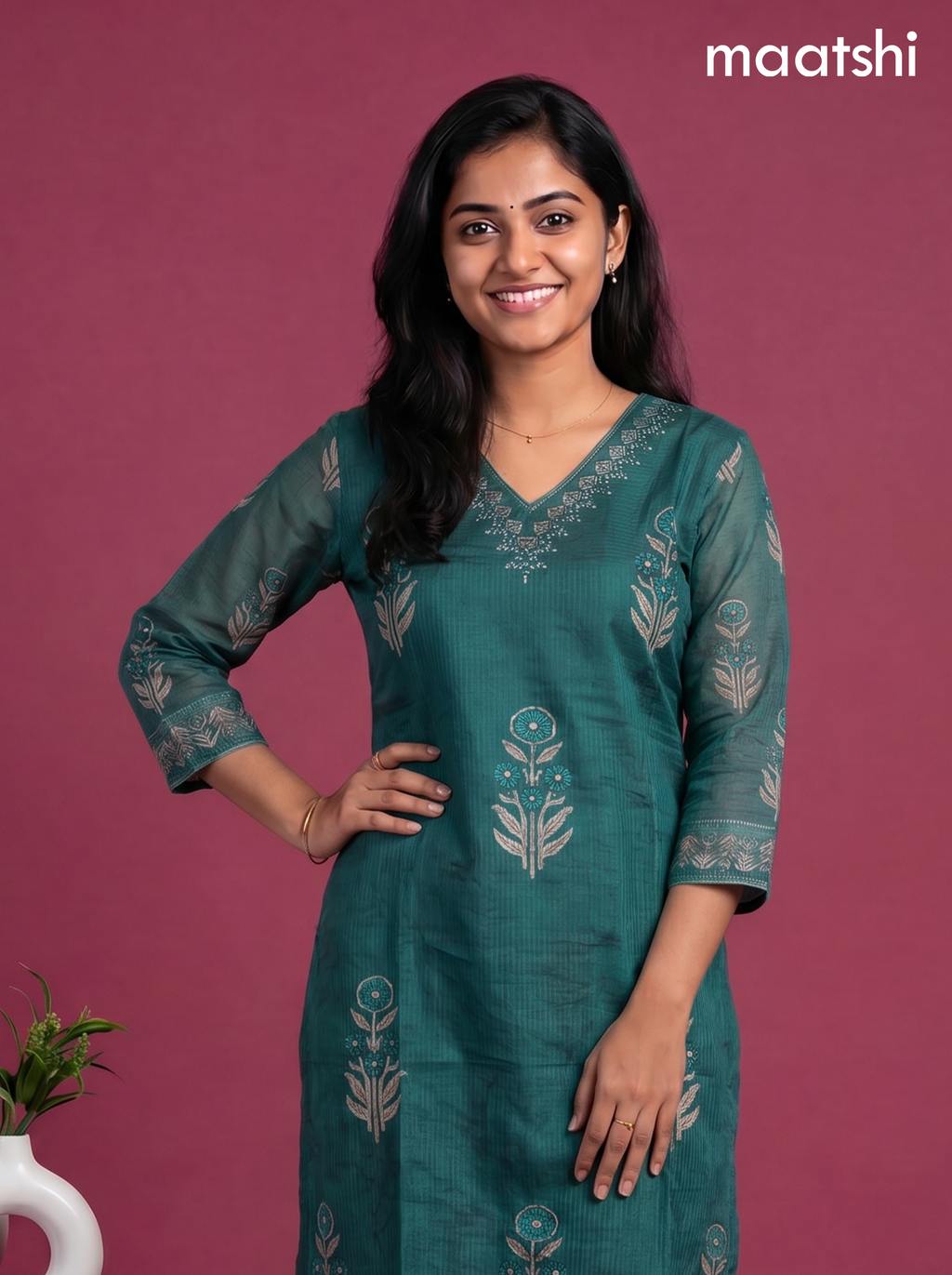 Teal Green Kota Printed & Simple Embroidery Work Straight Suit