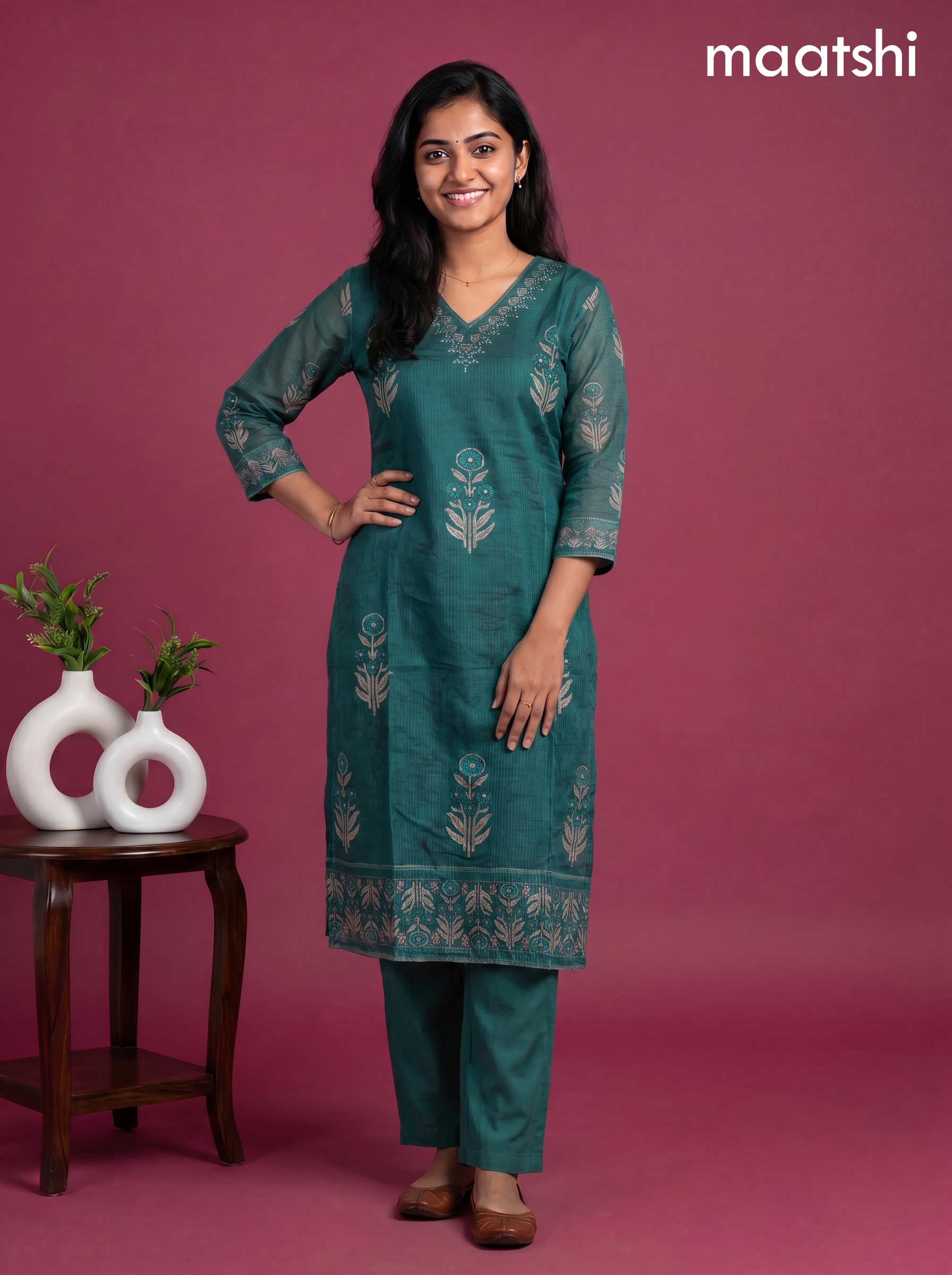 Teal Green Kota Printed & Simple Embroidery Work Straight Suit
