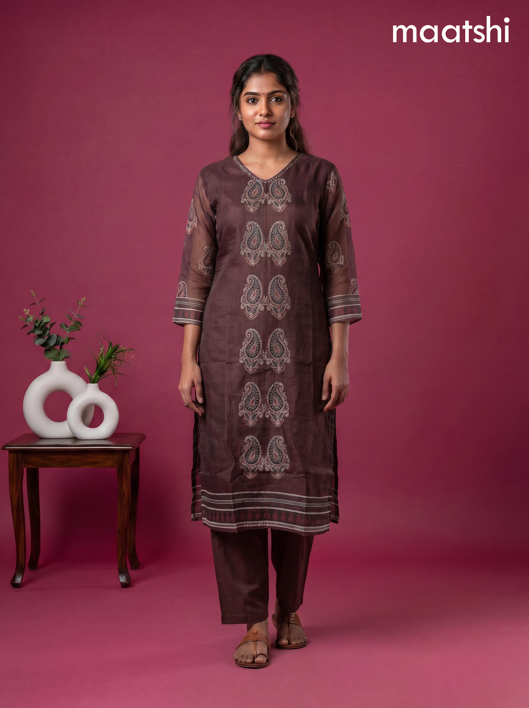 Deep Coffee Brown Kota Printed & Simple Embroidery Work Straight Suit