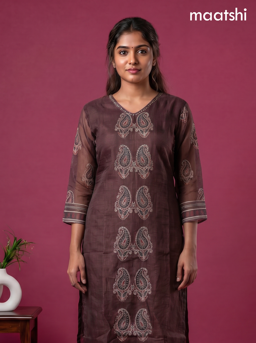 Deep Coffee Brown Kota Printed & Simple Embroidery Work Straight Suit