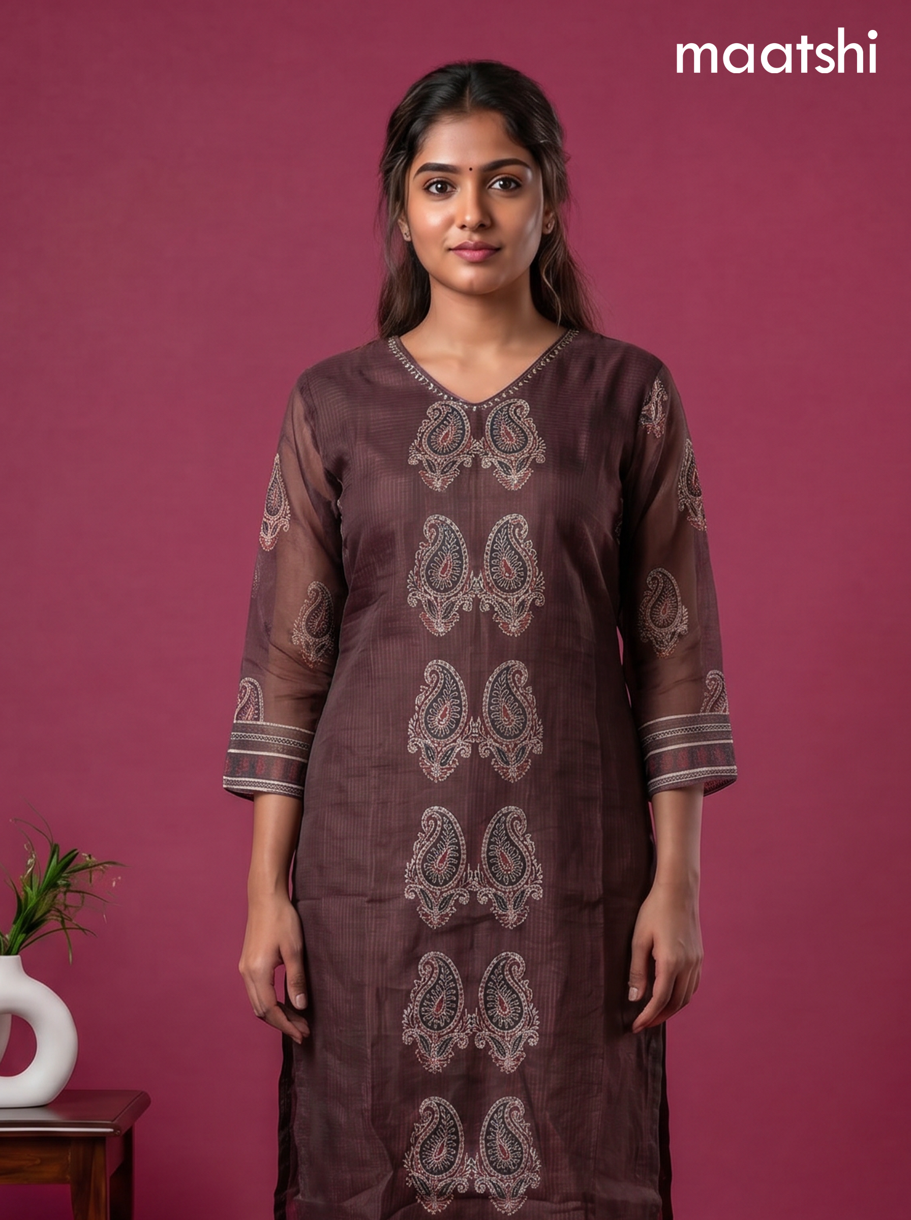 Deep Coffee Brown Kota Printed & Simple Embroidery Work Straight Suit