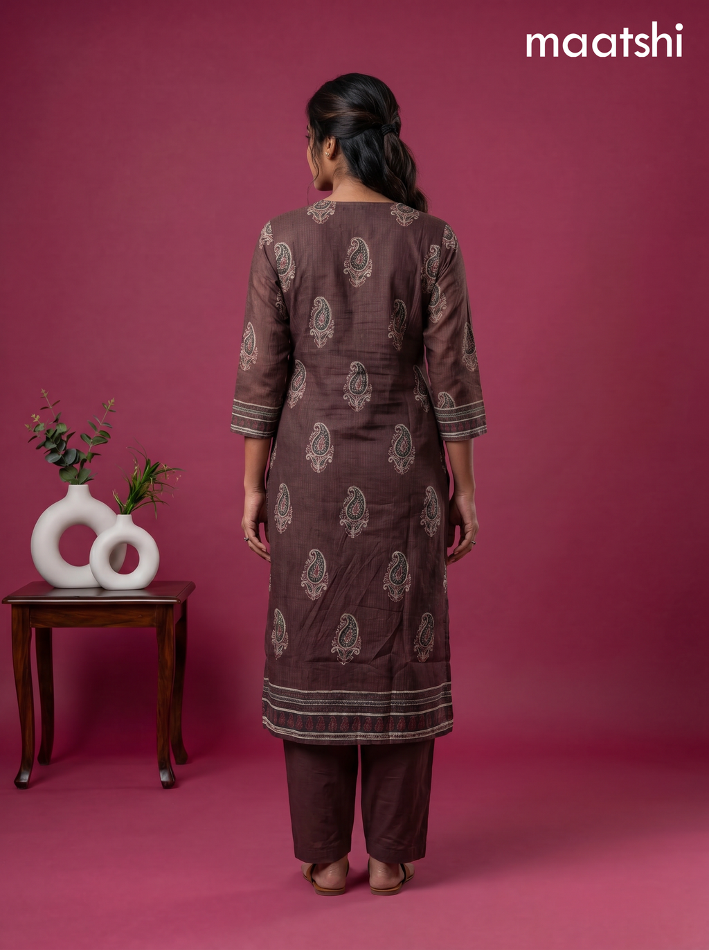 Deep Coffee Brown Kota Printed & Simple Embroidery Work Straight Suit