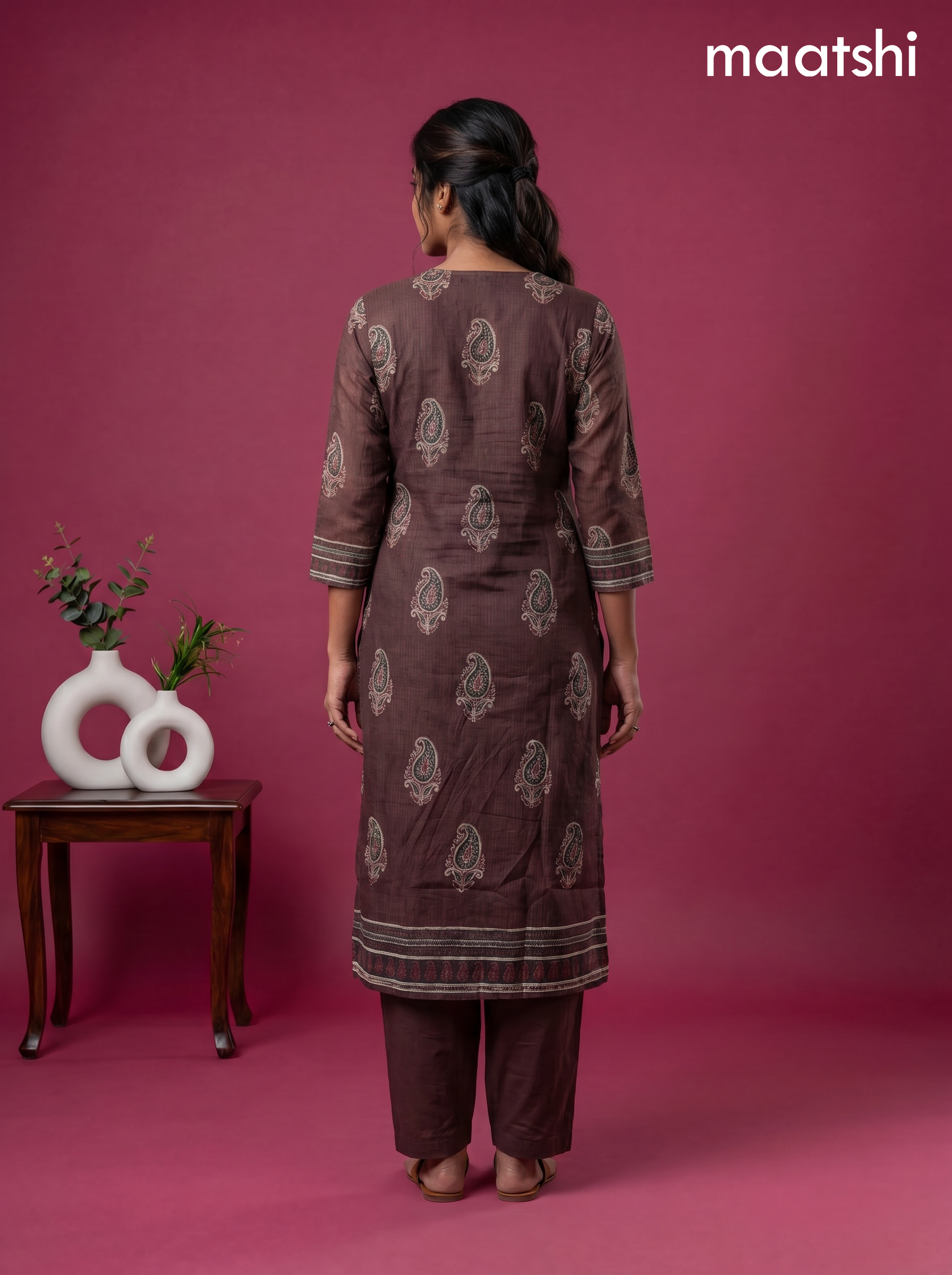 Deep Coffee Brown Kota Printed & Simple Embroidery Work Straight Suit