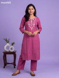 Magenta Pink Cotton Embroidery Work Kurti & Bottom Set