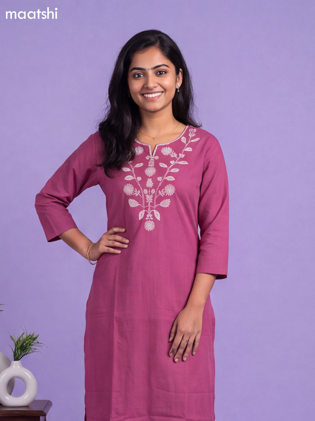 Magenta Pink Cotton Embroidery Work Kurti & Bottom Set