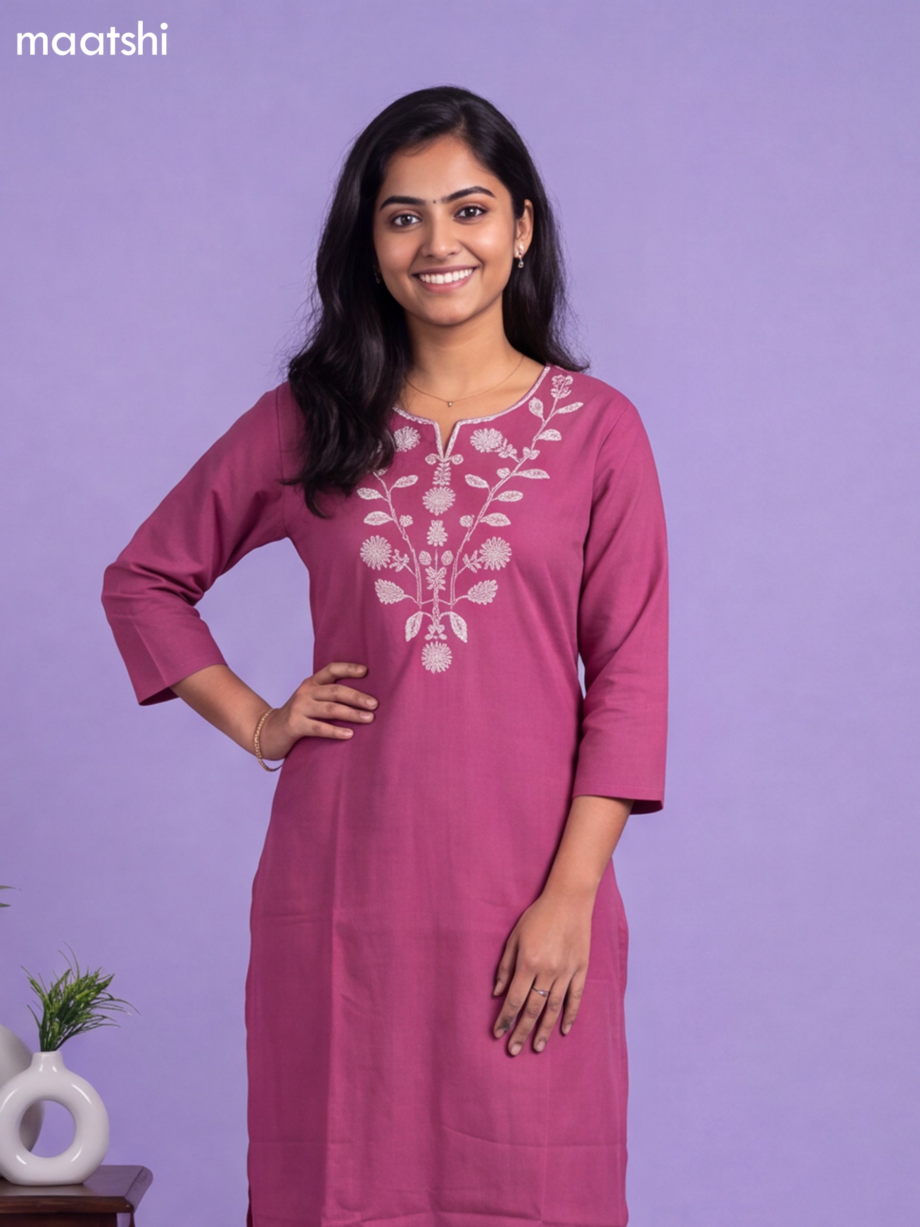 Magenta Pink Cotton Embroidery Work Kurti & Bottom Set
