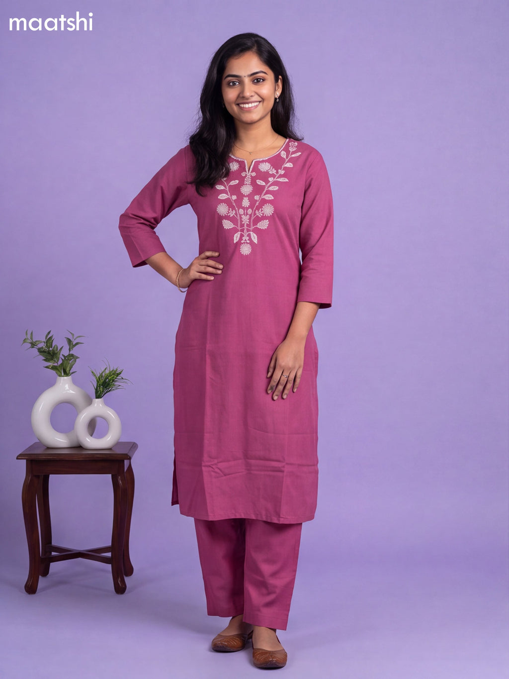 Magenta Pink Cotton Embroidery Work Kurti & Bottom Set