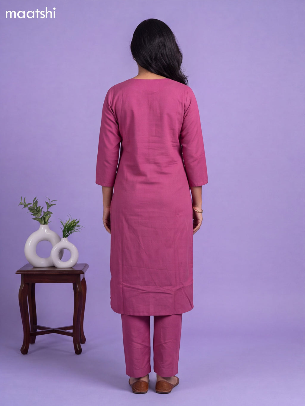 Magenta Pink Cotton Embroidery Work Kurti & Bottom Set