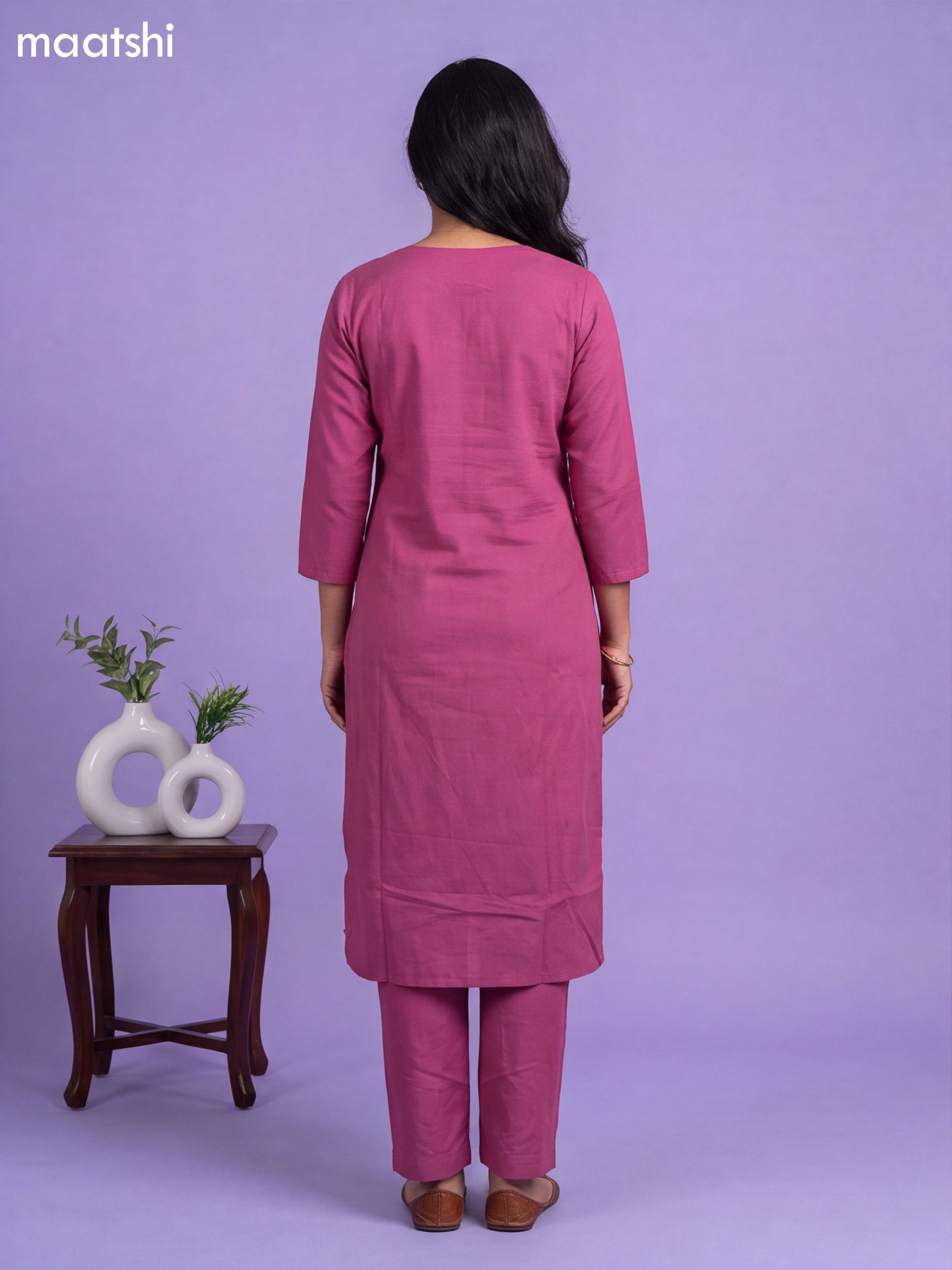 Magenta Pink Cotton Embroidery Work Kurti & Bottom Set