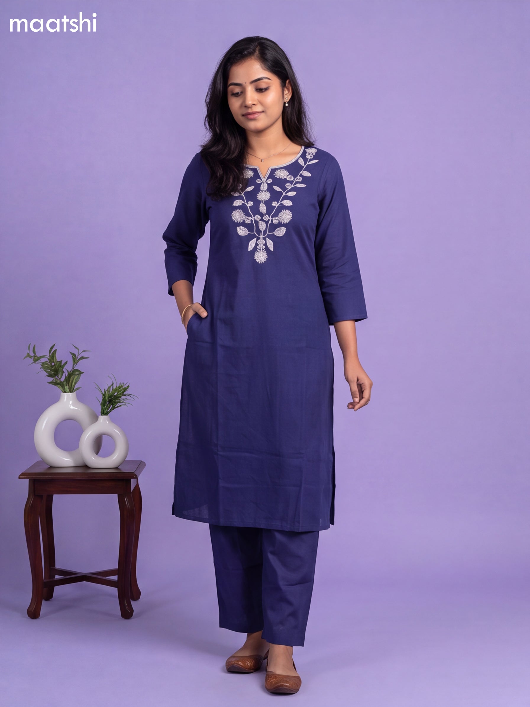 Navy Blue Cotton Embroidery Work Kurti & Bottom Set