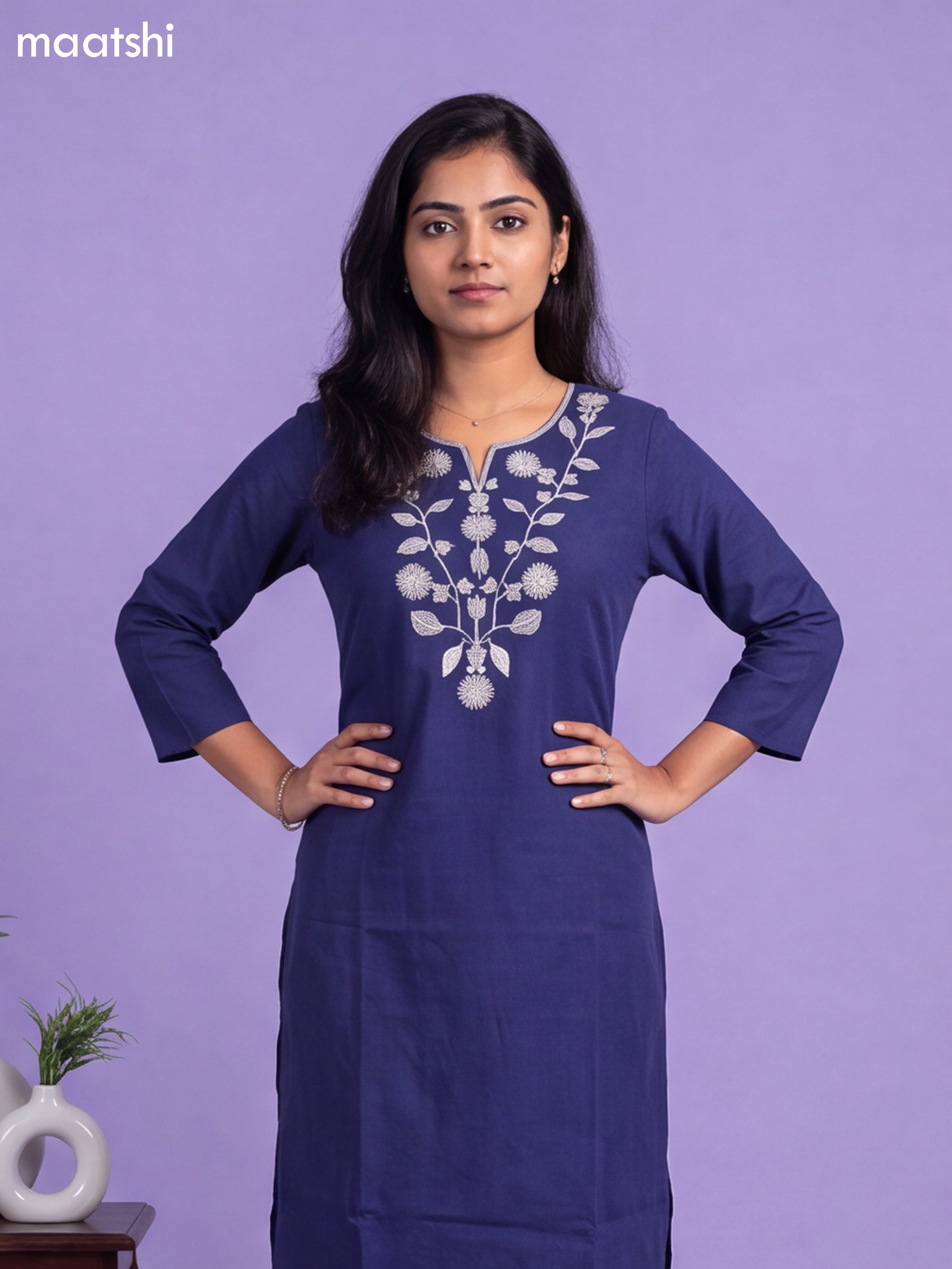 Navy Blue Cotton Embroidery Work Kurti & Bottom Set