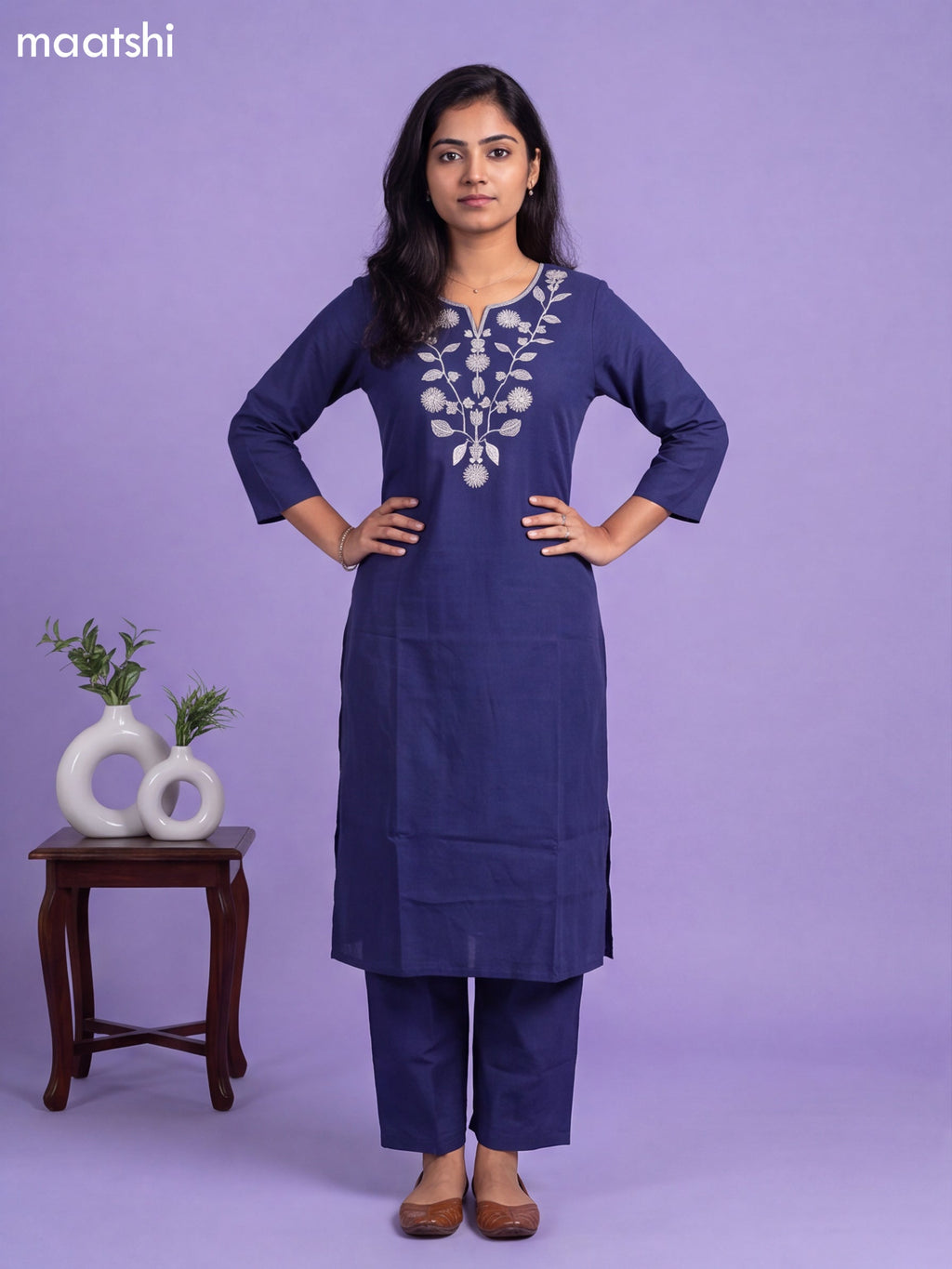 Navy Blue Cotton Embroidery Work Kurti & Bottom Set