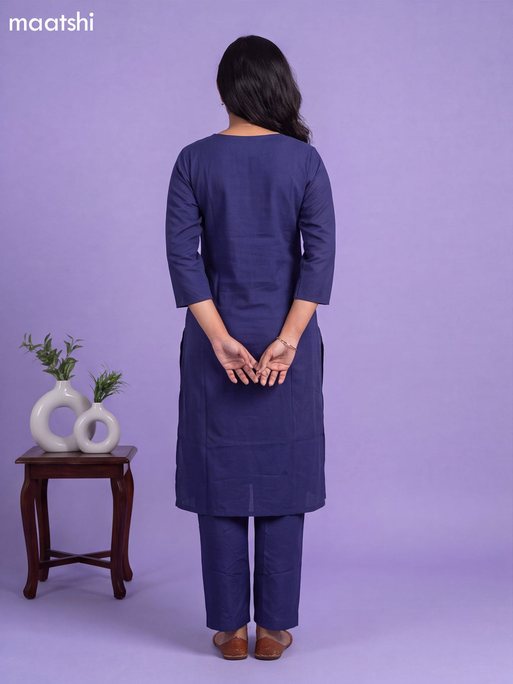 Navy Blue Cotton Embroidery Work Kurti & Bottom Set