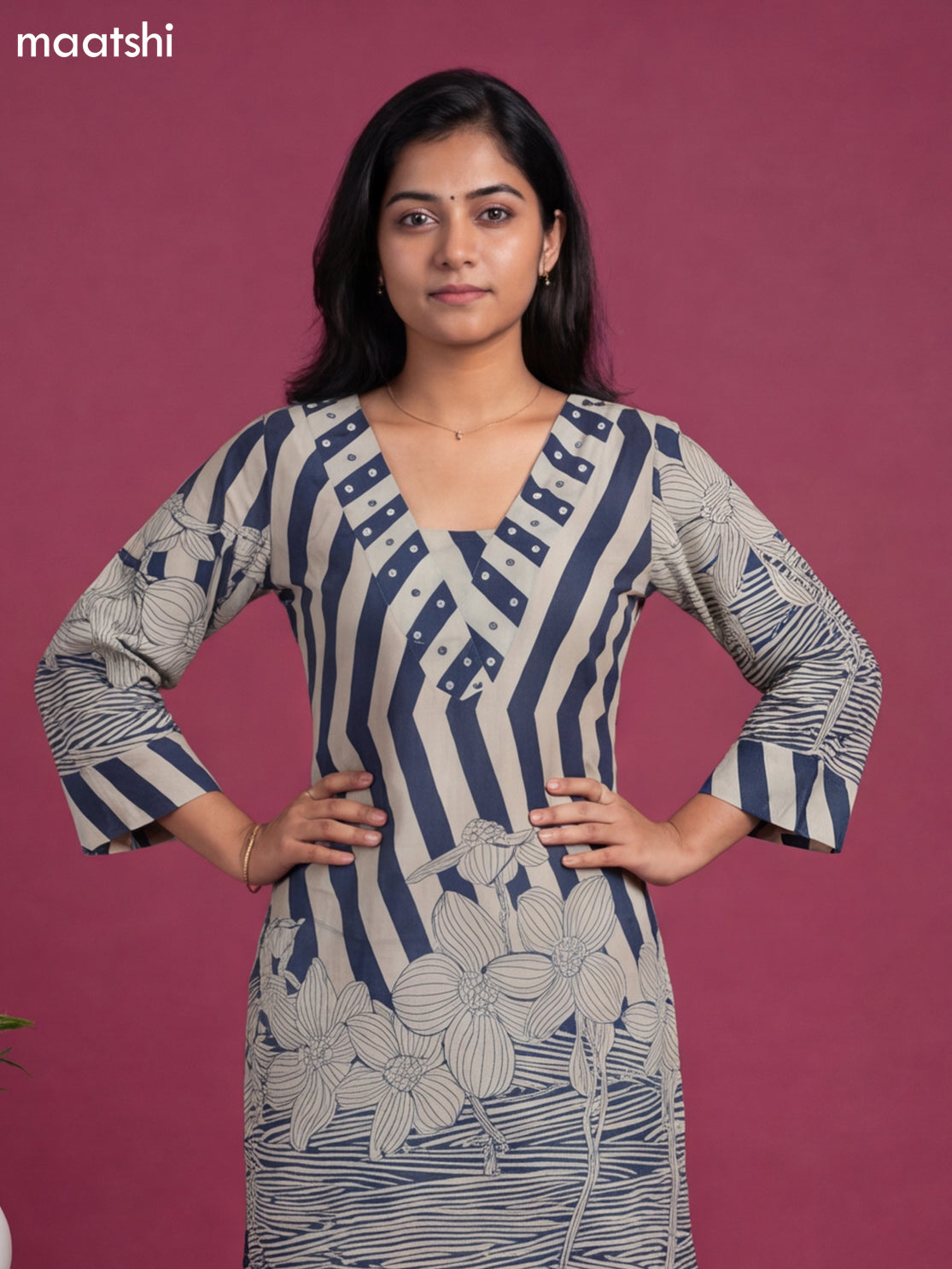 Off White and Navy Blue Cotton Printed & Simple Embroidery Work Co-Ord Set