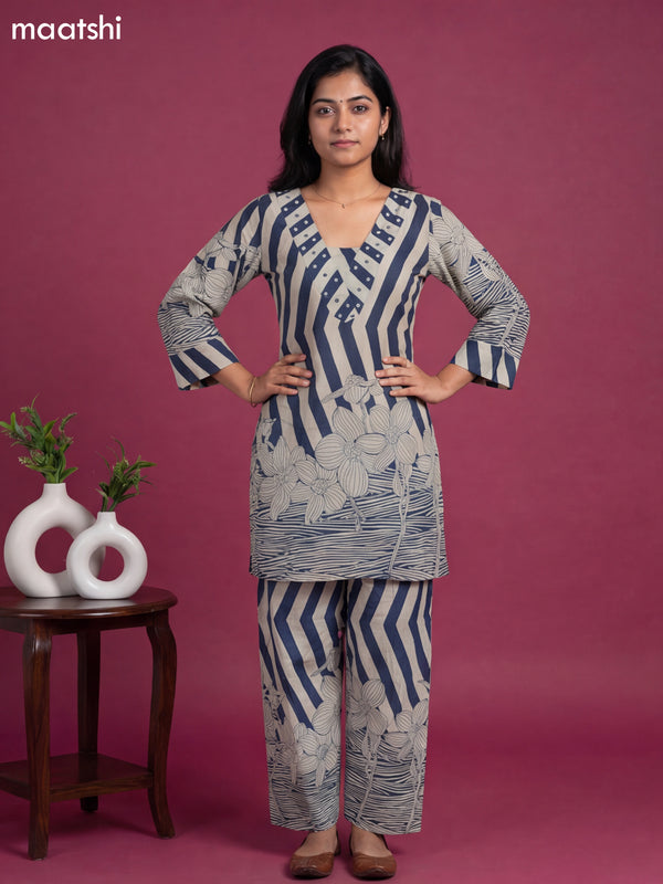 Off White and Navy Blue Cotton Printed & Simple Embroidery Work Co-Ord Set