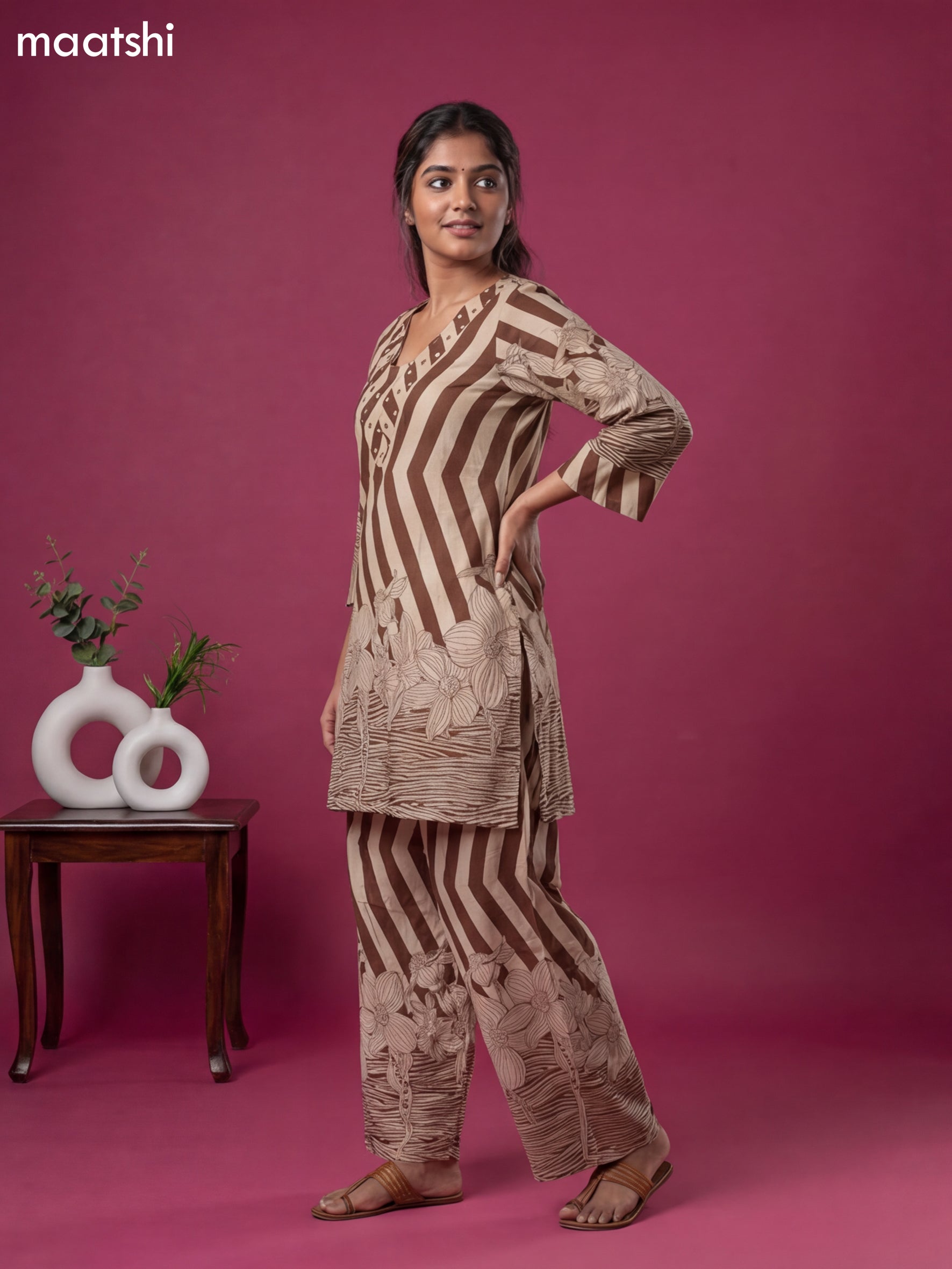 Off White and Brown Cotton Printed & Simple Embroidery Work Co-Ord Set