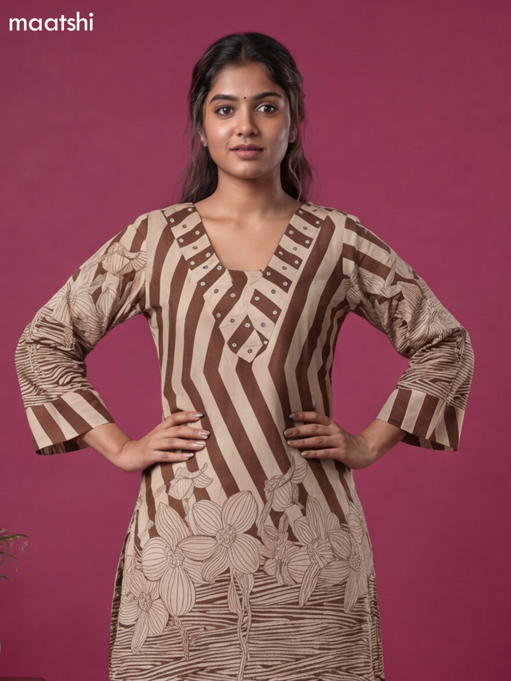Off White and Brown Cotton Printed & Simple Embroidery Work Co-Ord Set