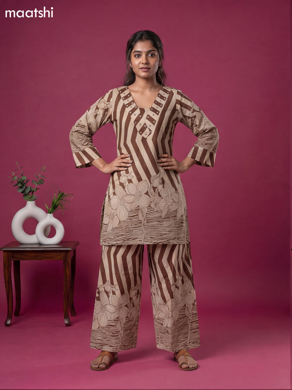 Off White and Brown Cotton Printed & Simple Embroidery Work Co-Ord Set