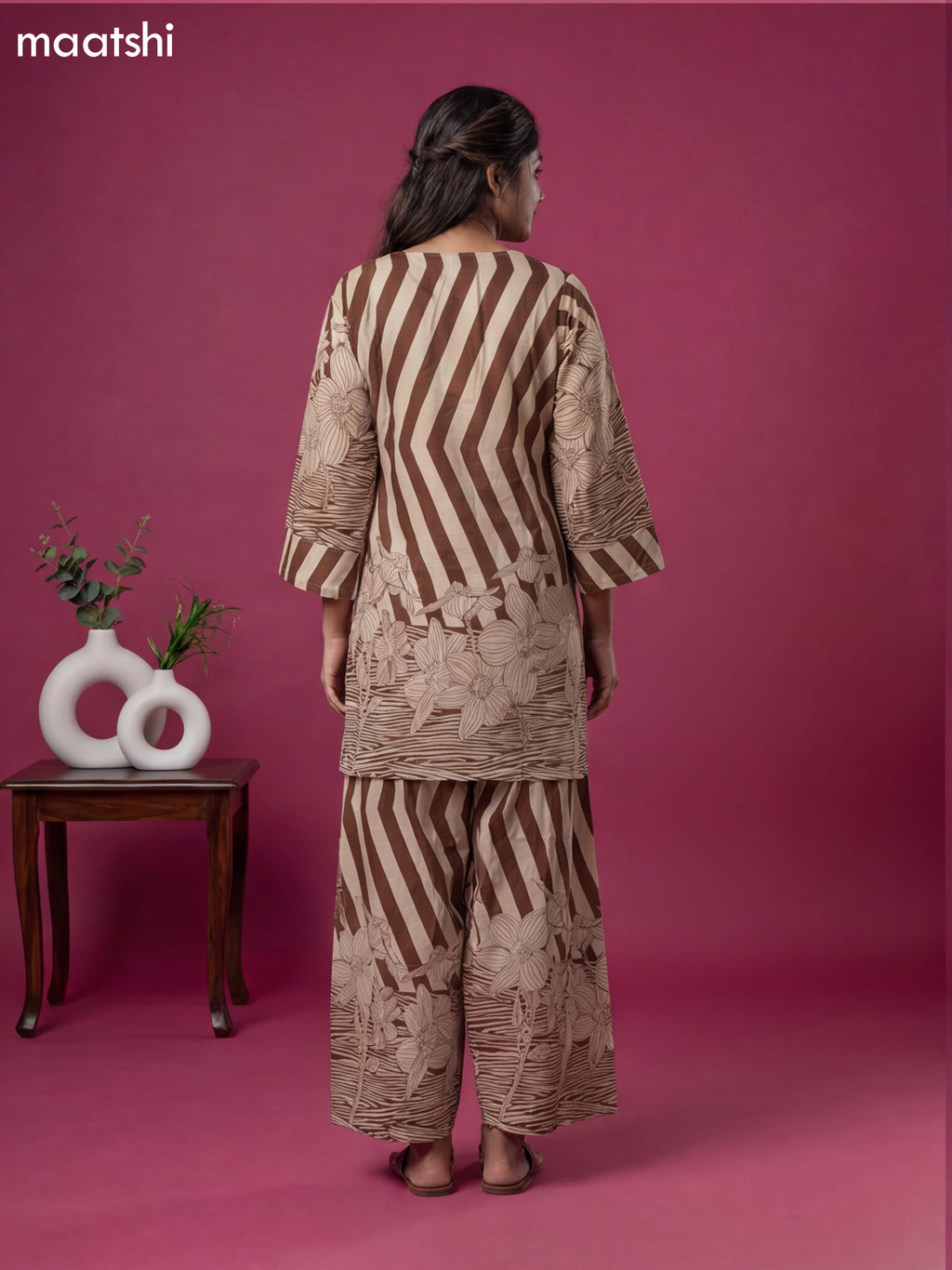 Off White and Brown Cotton Printed & Simple Embroidery Work Co-Ord Set