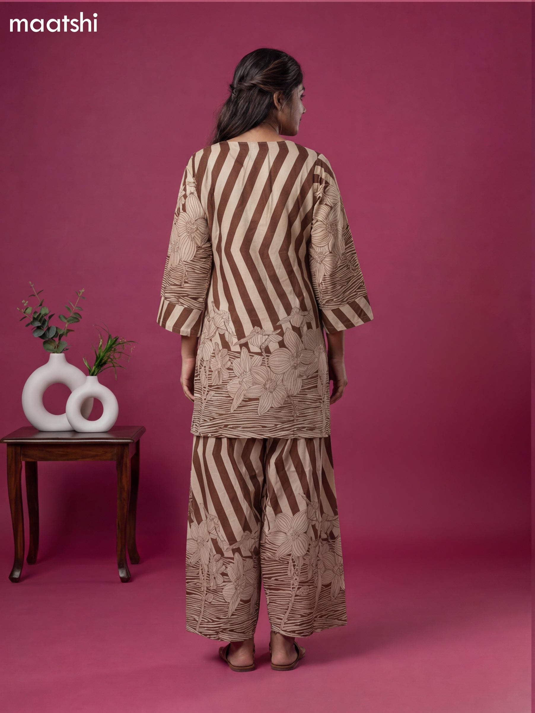 Off White and Brown Cotton Printed & Simple Embroidery Work Co-Ord Set
