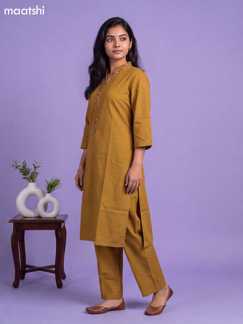 Mehandi Green Cotton Embroidery Work Kurti & Bottom Set