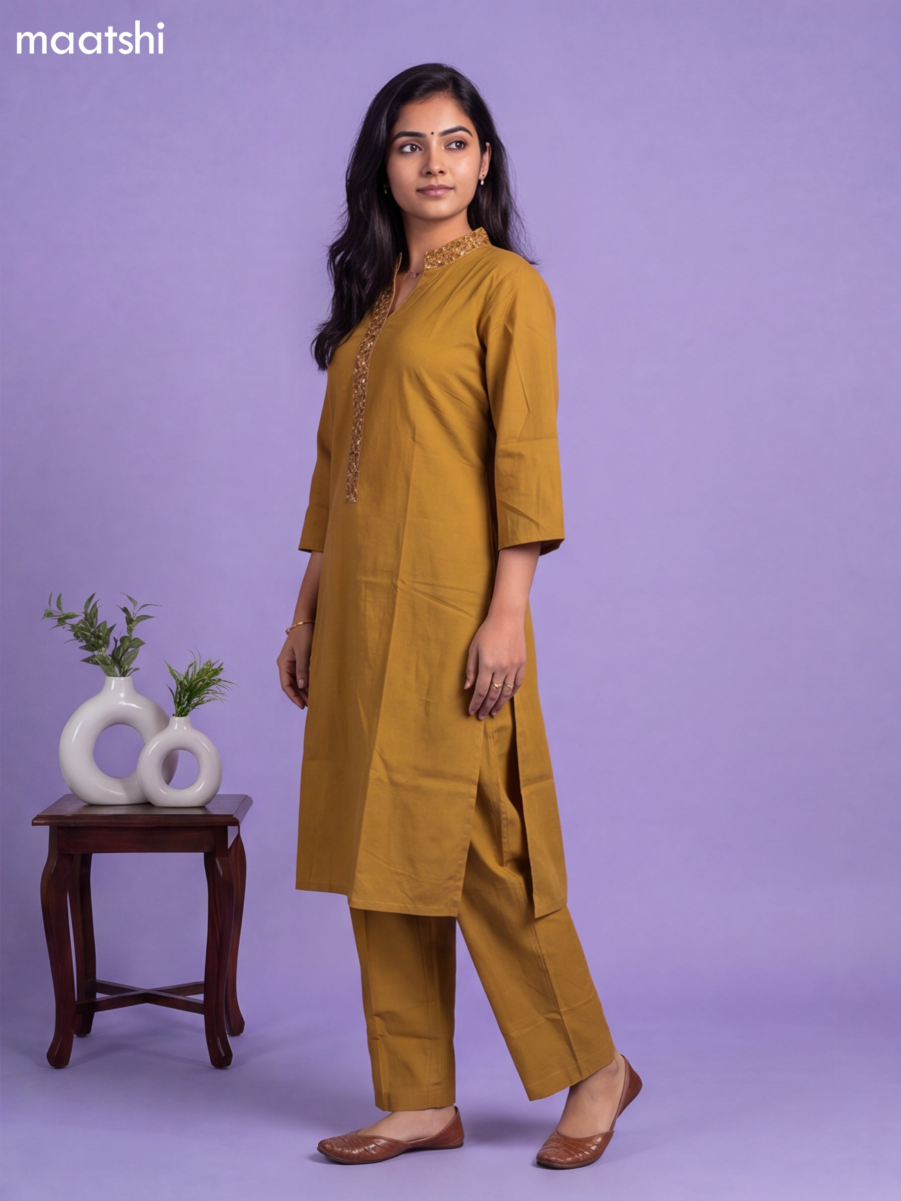 Mehandi Green Cotton Embroidery Work Kurti & Bottom Set