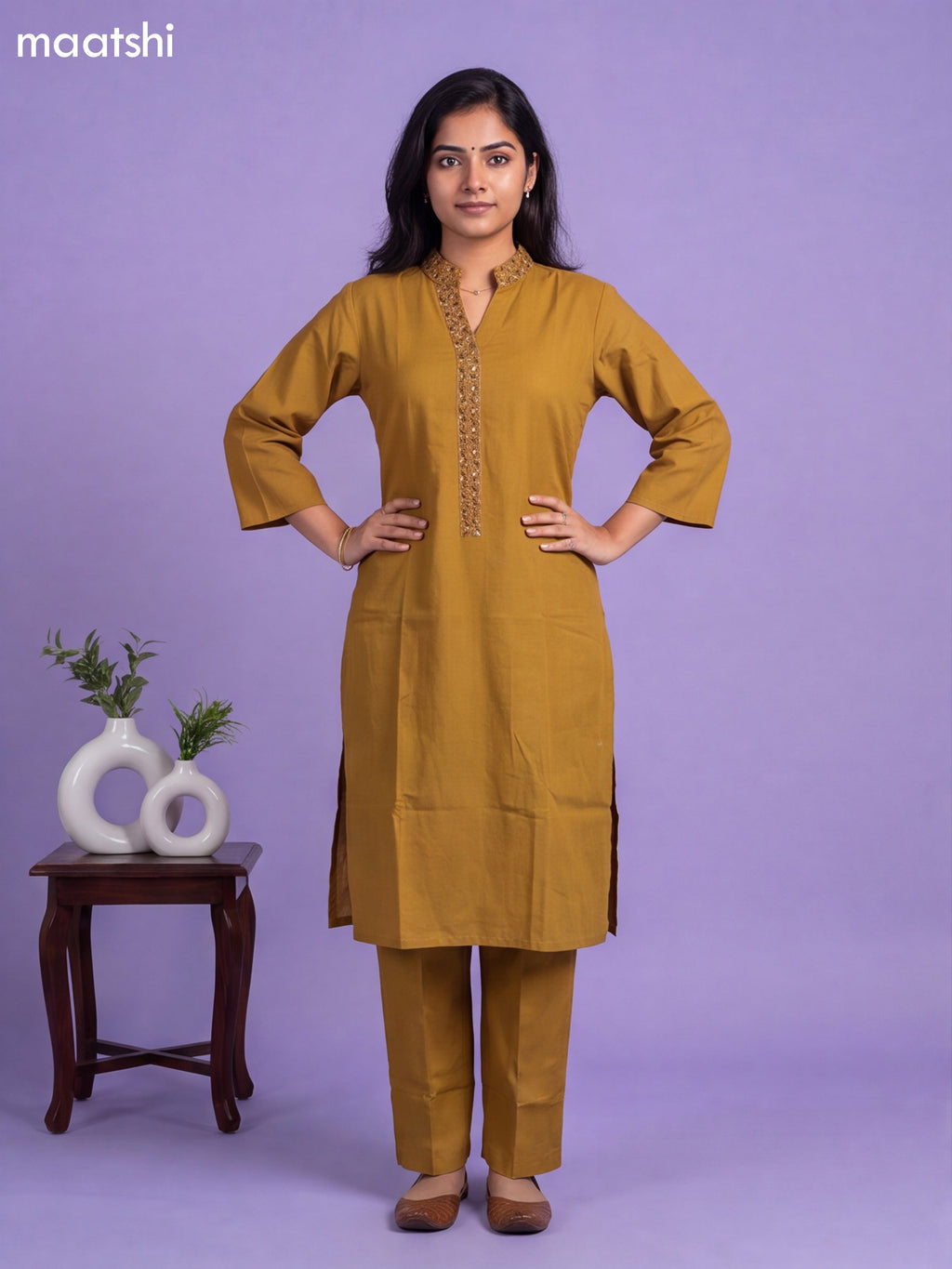 Mehandi Green Cotton Embroidery Work Kurti & Bottom Set