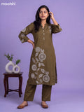 Olive Green Cotton Embroidery Work Kurti & Bottom Set