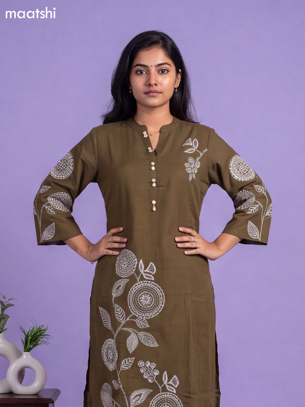 Olive Green Cotton Embroidery Work Kurti & Bottom Set