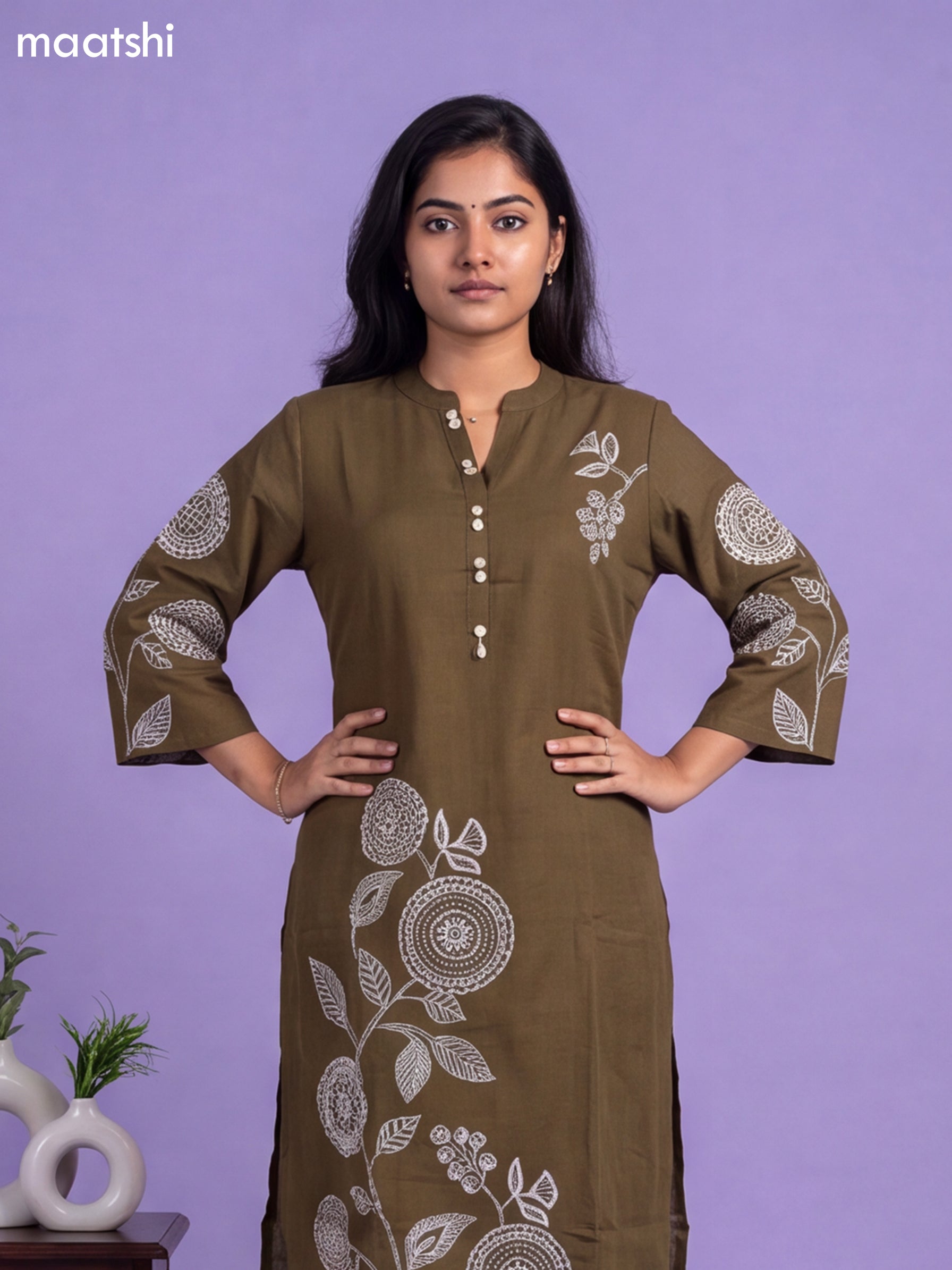 Olive Green Cotton Embroidery Work Kurti & Bottom Set