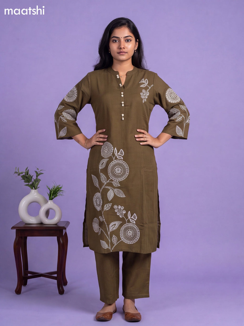 Olive Green Cotton Embroidery Work Kurti & Bottom Set