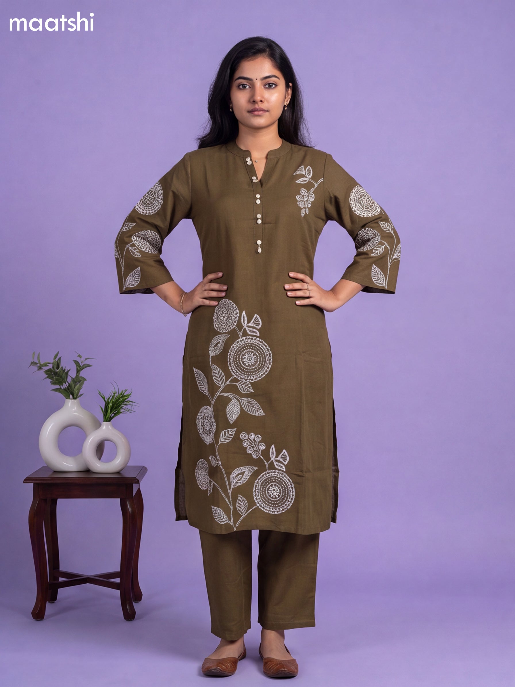 Olive Green Cotton Embroidery Work Kurti & Bottom Set