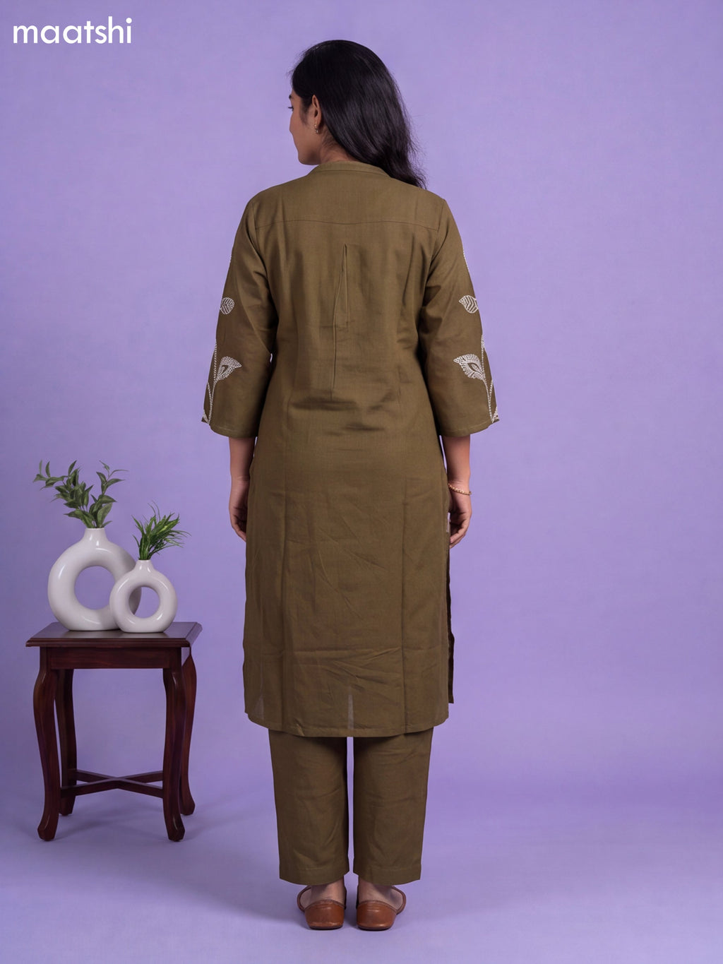 Olive Green Cotton Embroidery Work Kurti & Bottom Set