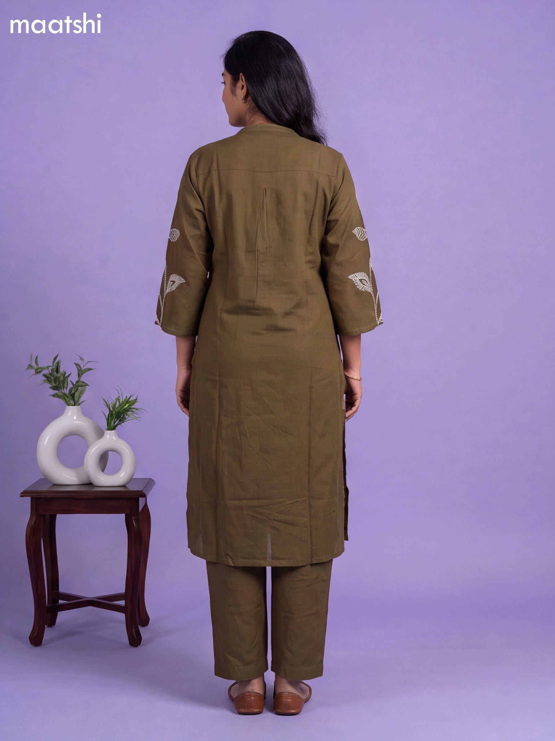 Olive Green Cotton Embroidery Work Kurti & Bottom Set