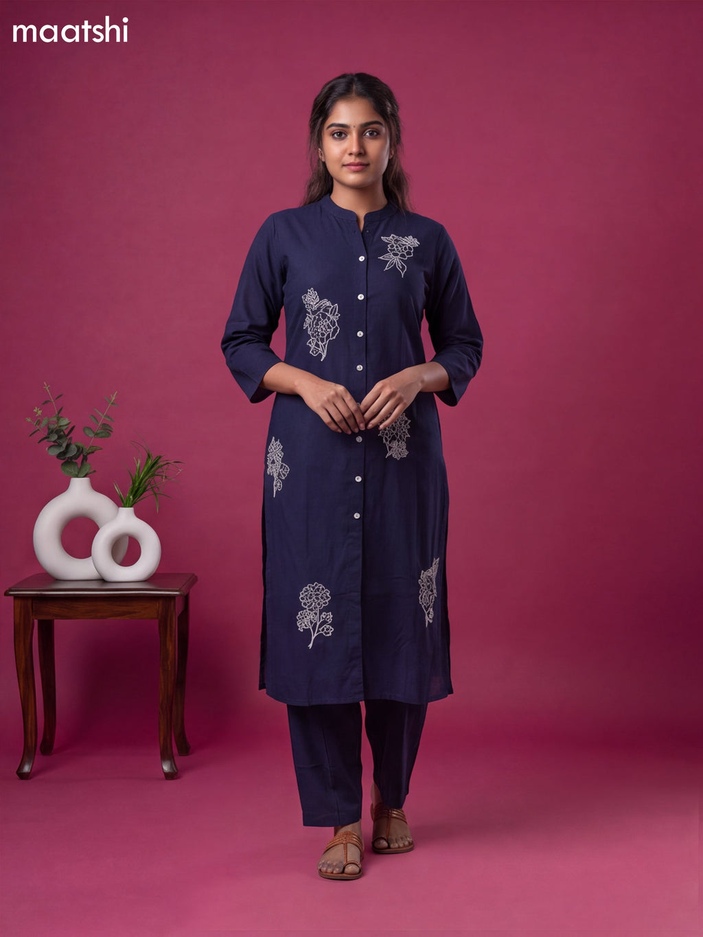 Navy Blue Cotton Embroidery Work Kurti & Bottom Set
