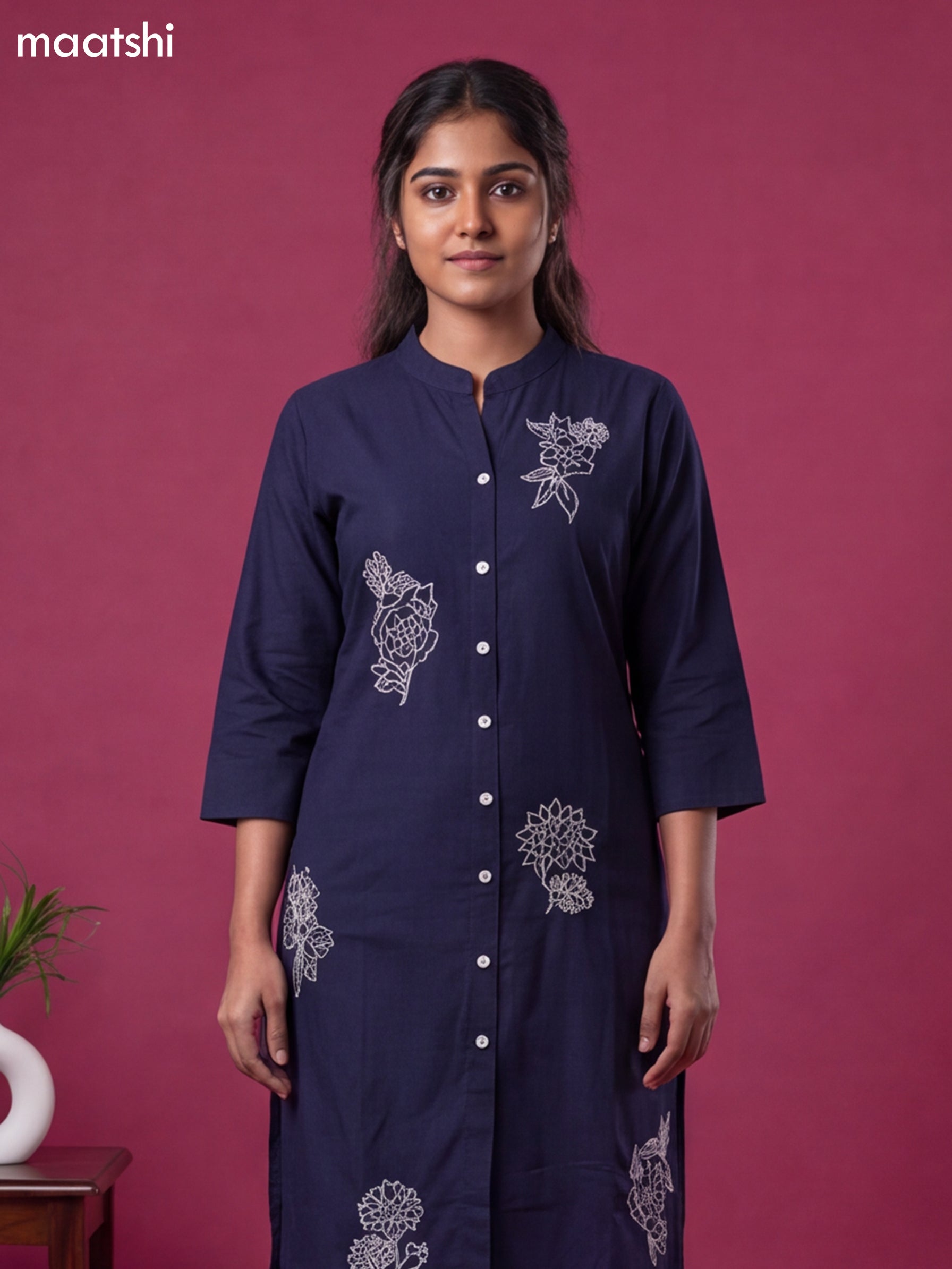 Navy Blue Cotton Embroidery Work Kurti & Bottom Set