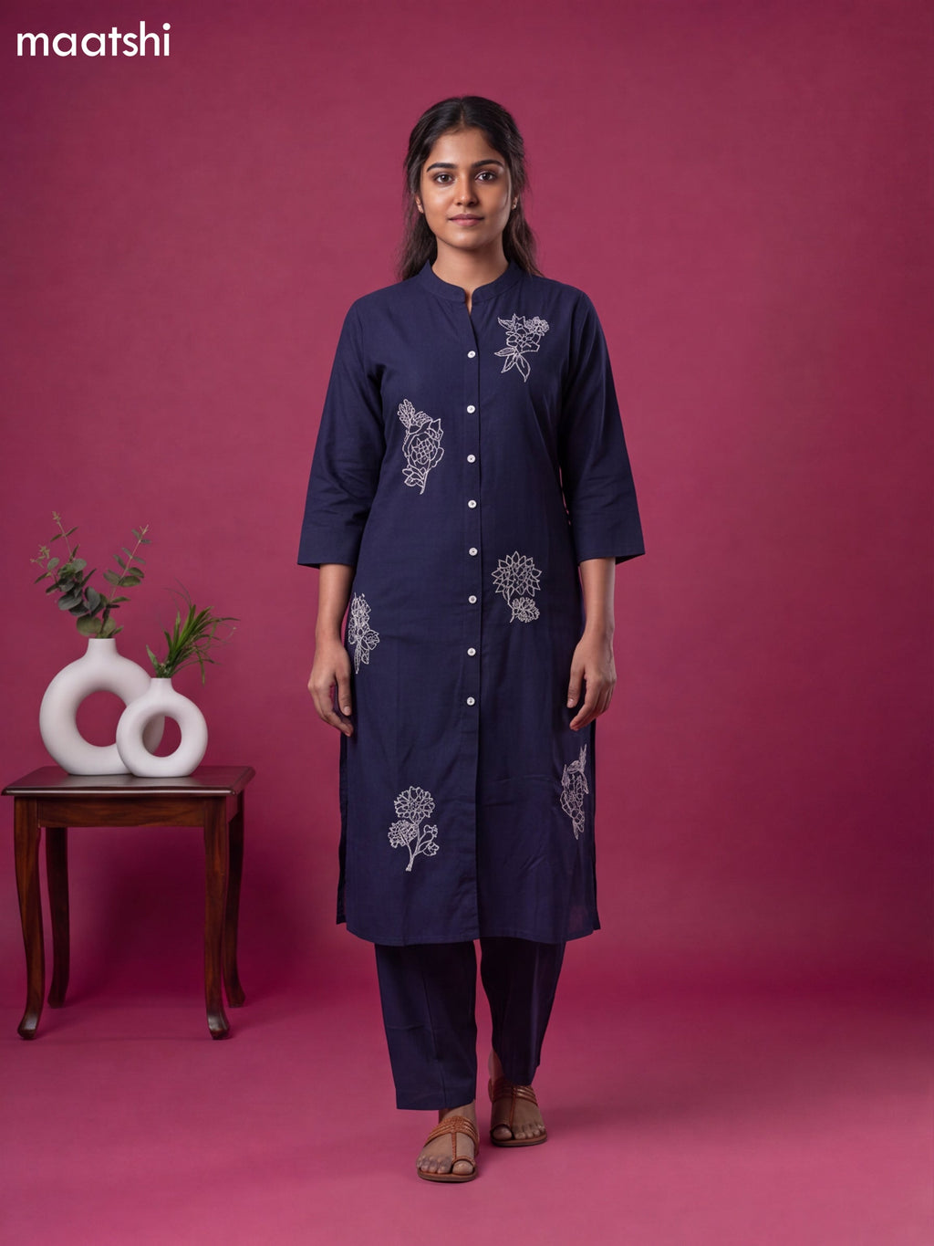 Navy Blue Cotton Embroidery Work Kurti & Bottom Set