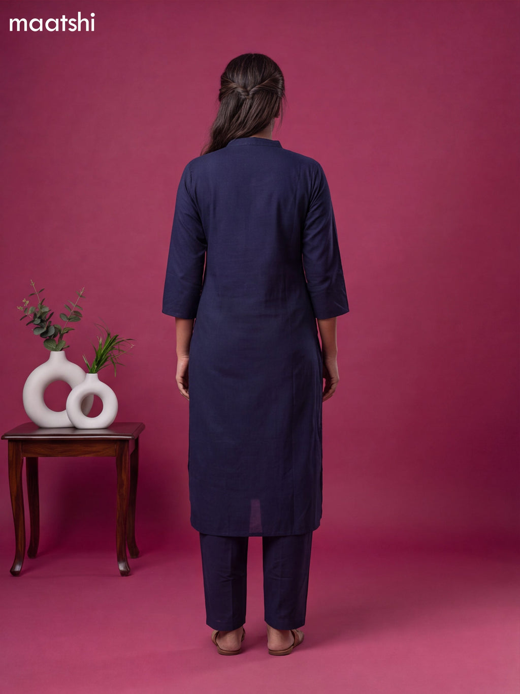 Navy Blue Cotton Embroidery Work Kurti & Bottom Set