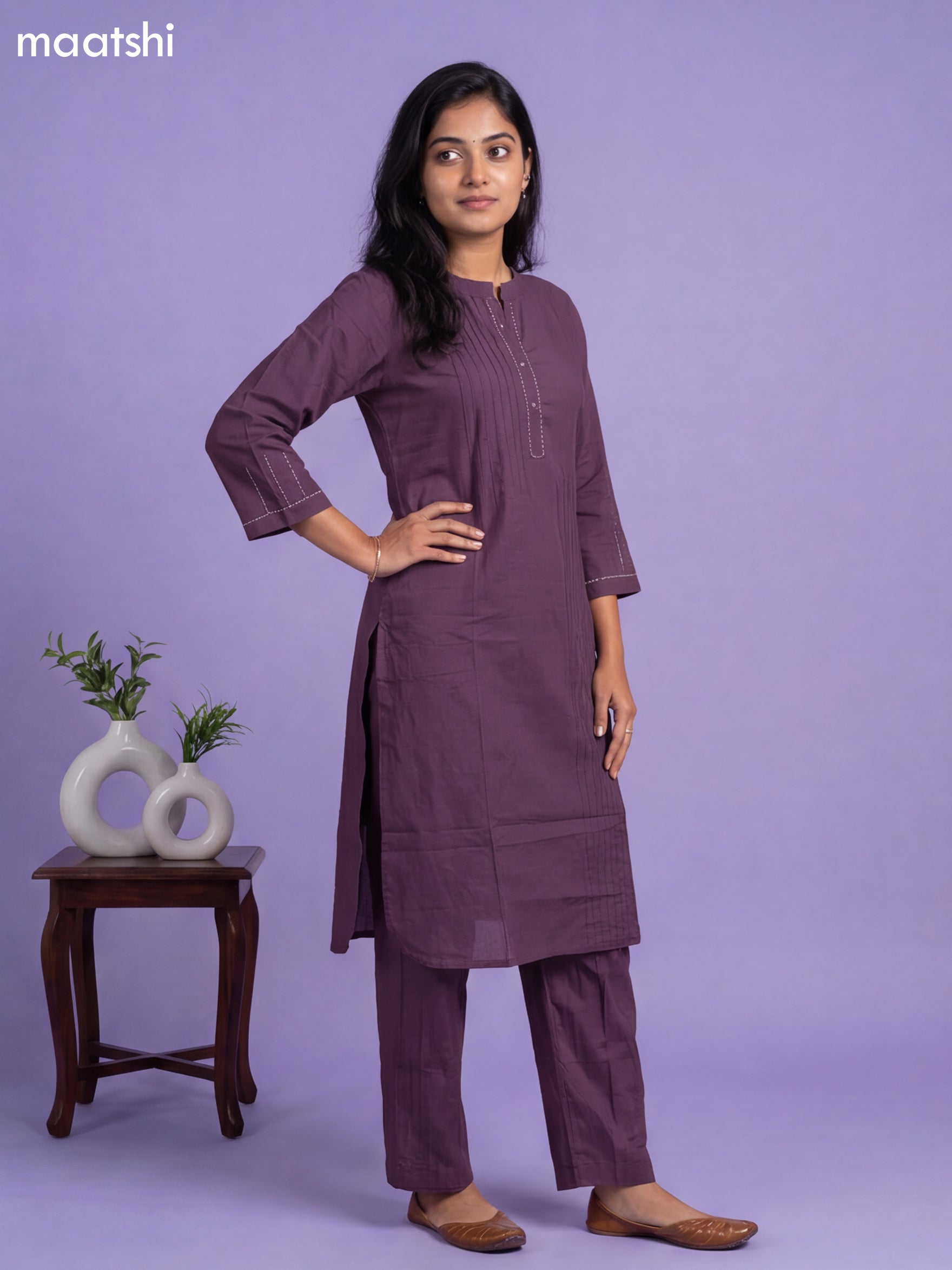 Purple Cotton Embroidery Work Co-Ord Set