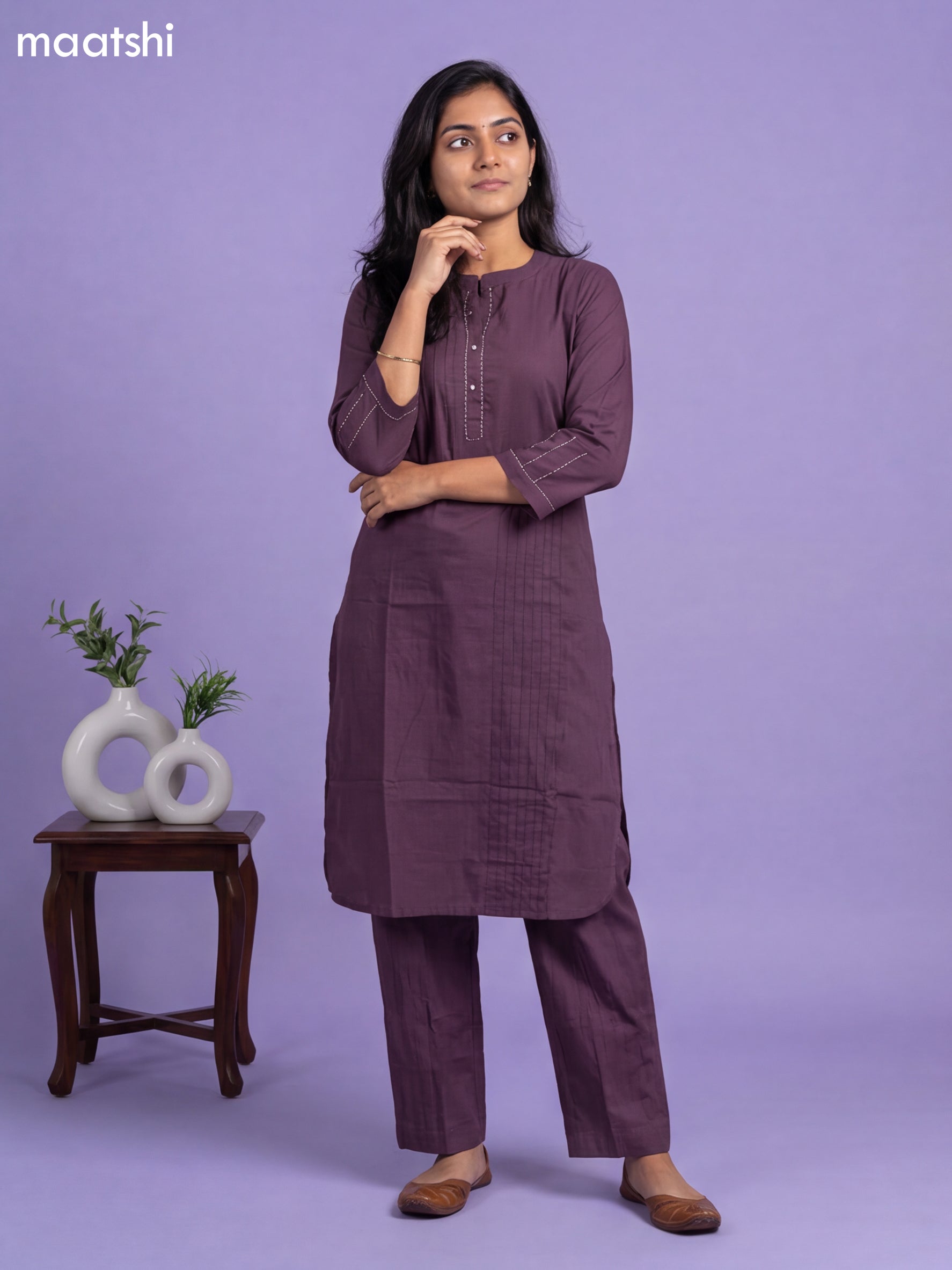 Purple Cotton Embroidery Work Co-Ord Set