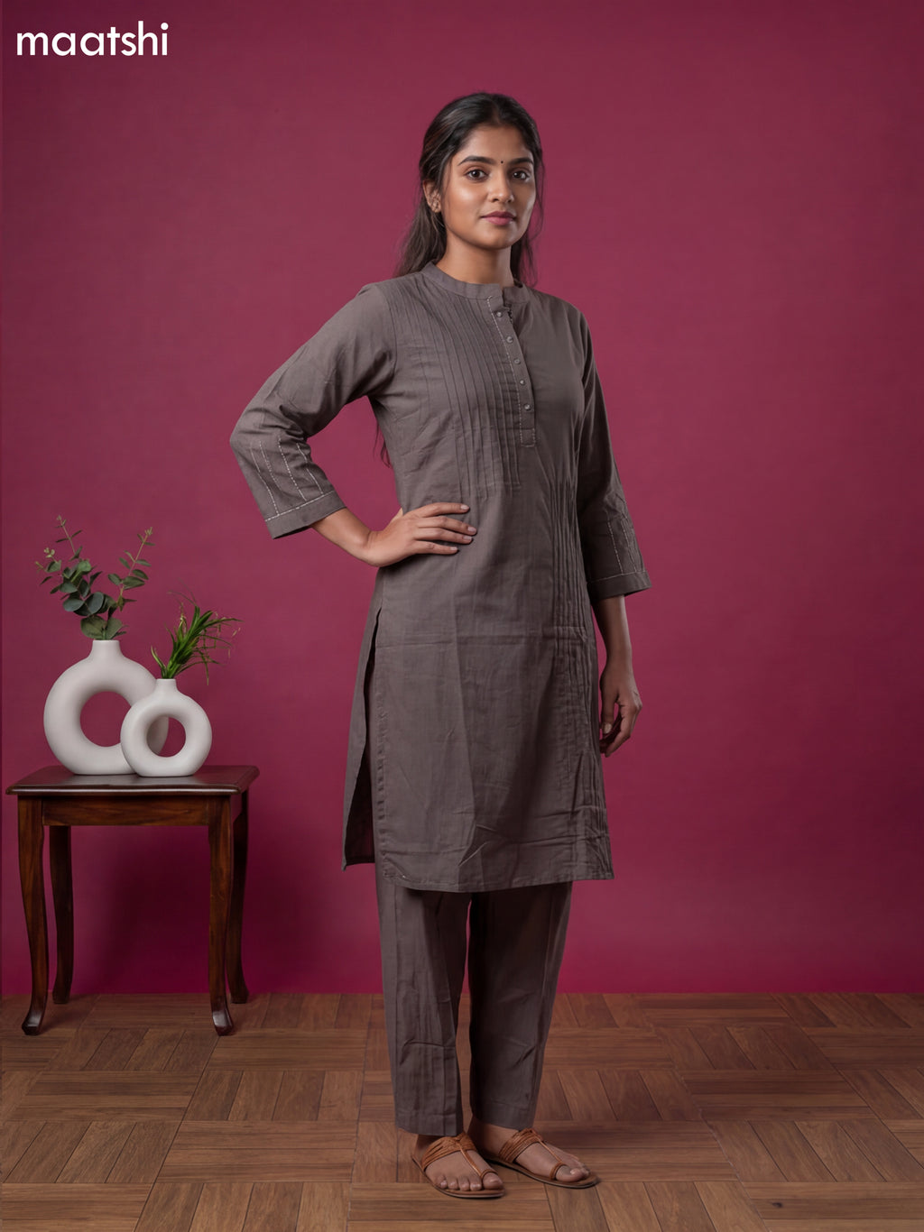 Grey Cotton Embroidery Work Co-Ord Set