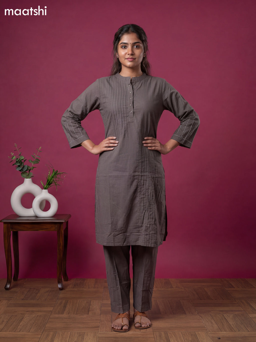 Grey Cotton Embroidery Work Co-Ord Set