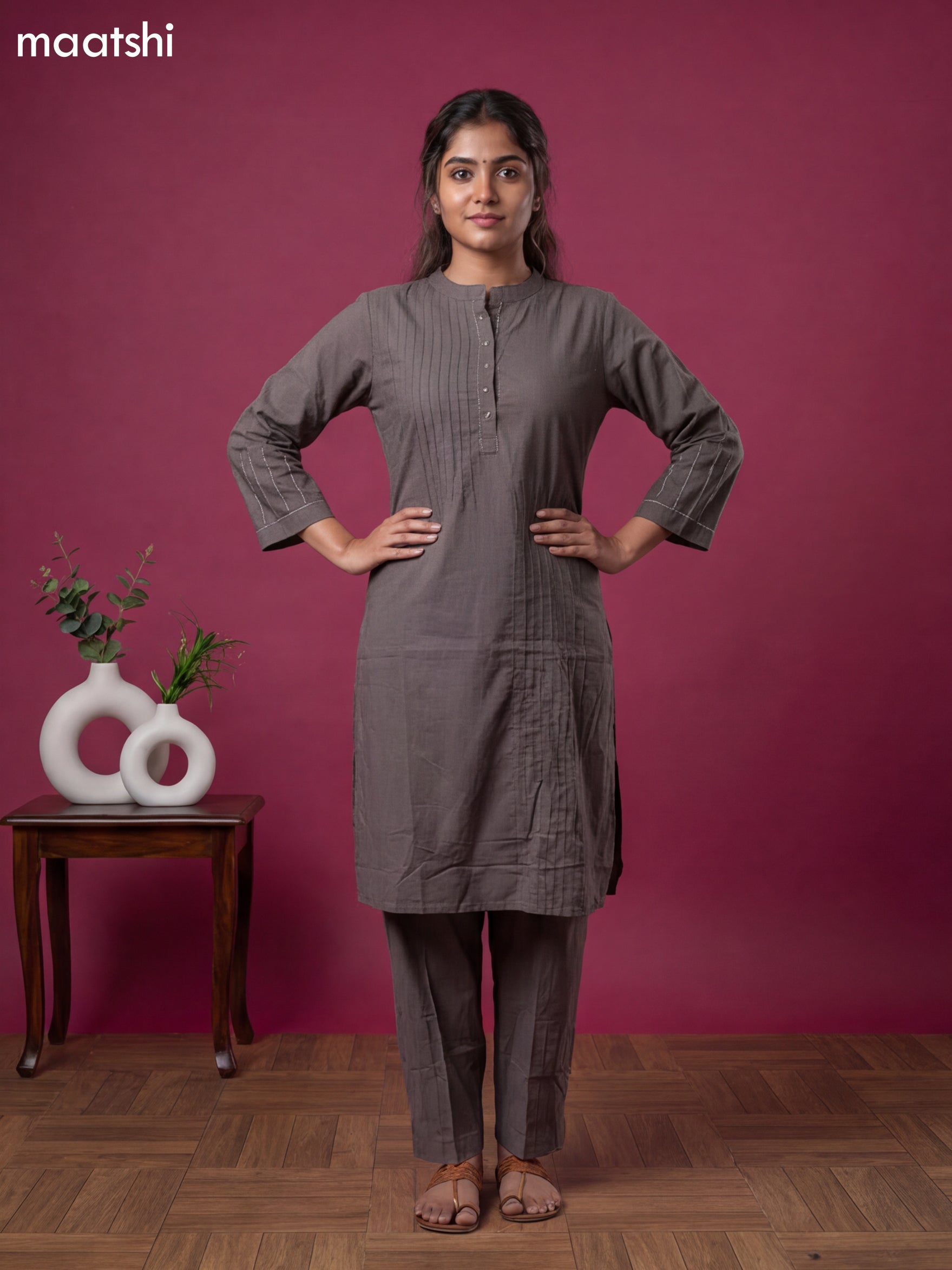 Grey Cotton Embroidery Work Co-Ord Set