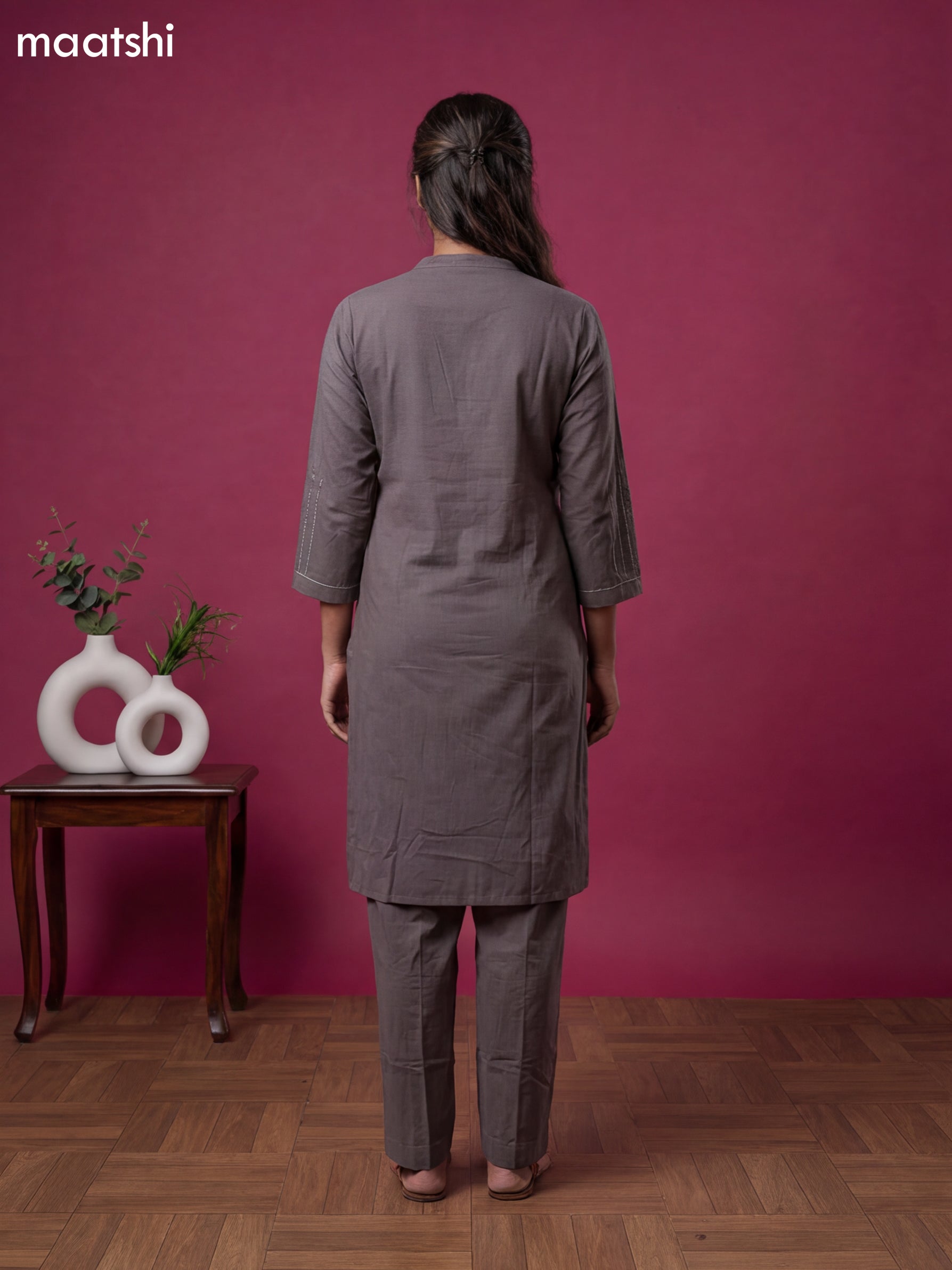 Grey Cotton Embroidery Work Co-Ord Set