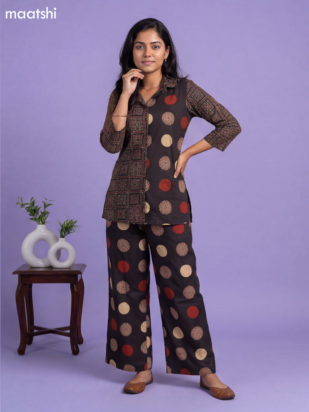 Black and Maroon Cotton Ajrakh Printed Co-Ord Set
